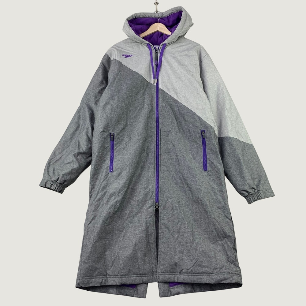 Speedo Colorblock Parka Jacket Unisex Medium Gray Swim Warmup Terry Fleece Liner